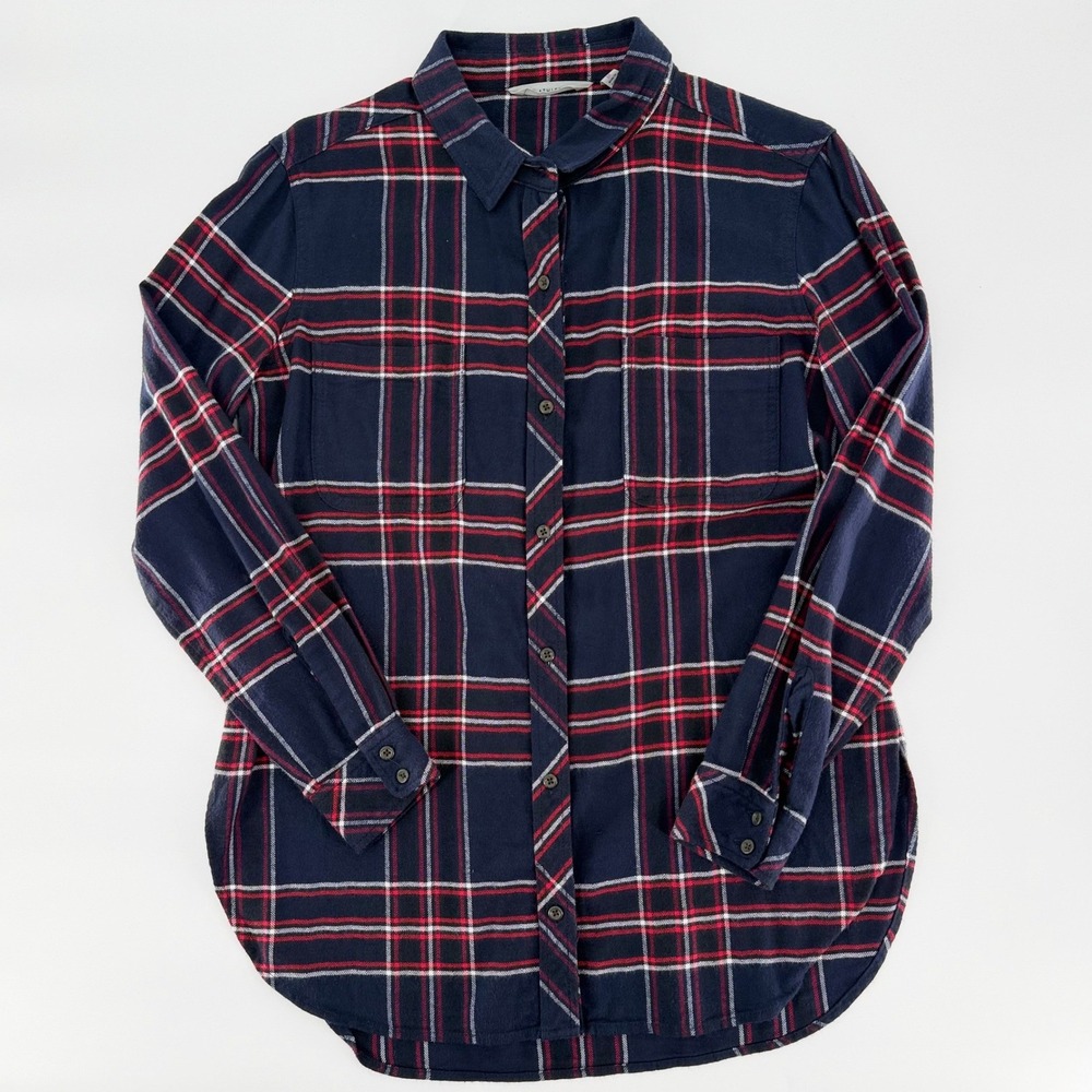 ATHLETA Plaid Flannel Button Down Shirt Navy Blue Red Long Sleeve Top Medium